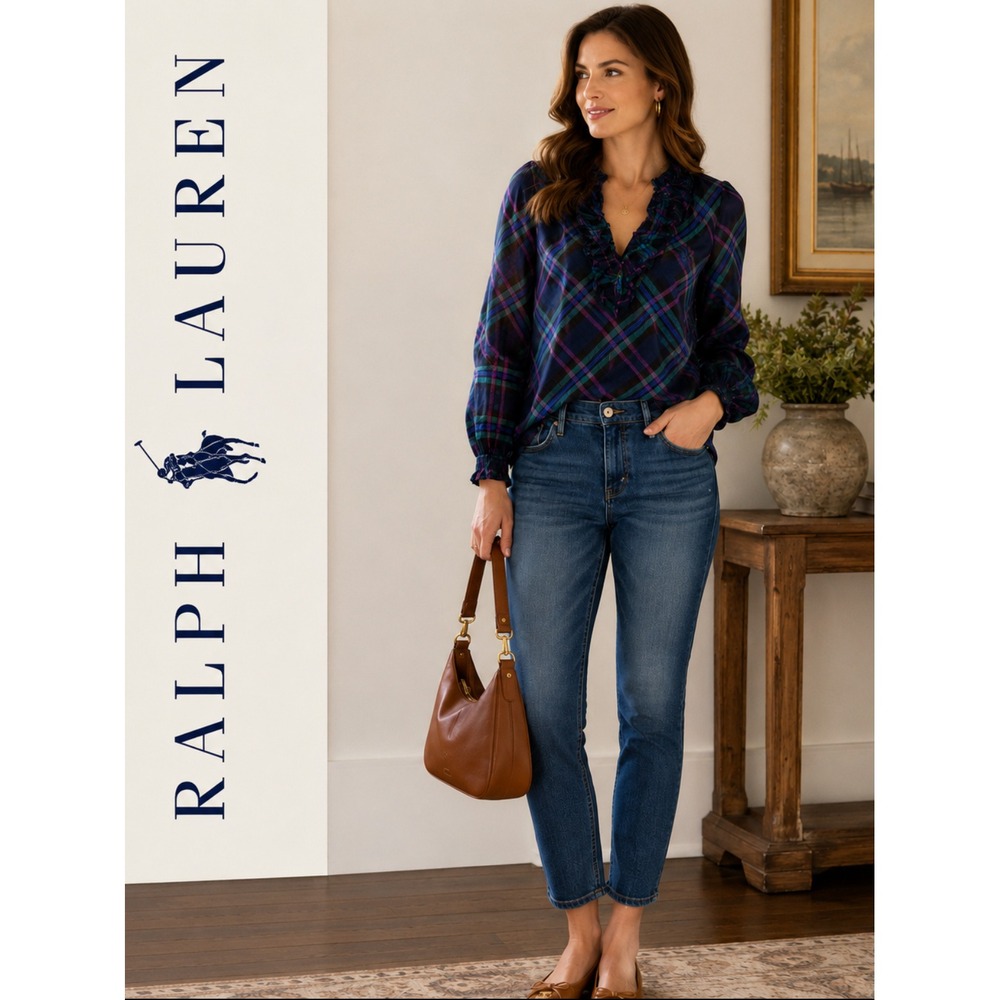 Lauren Jeans Co RL Plaid Blouse Womens M Navy Plaid Ruffle V-Neck Long Sleeve